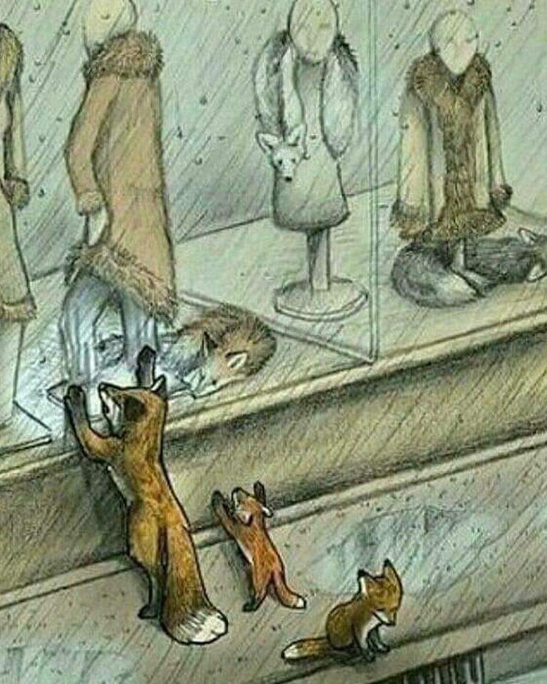 Karikatur mit Füchsleine über Pelzg