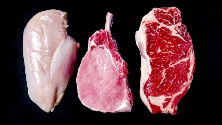 Raw meat (chicken breast, pork chop, and beef steak)