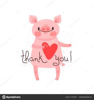 Illustration with joyful piggy who says - thank you. For design of funny avatars, posters and cards. Cute animal in vector