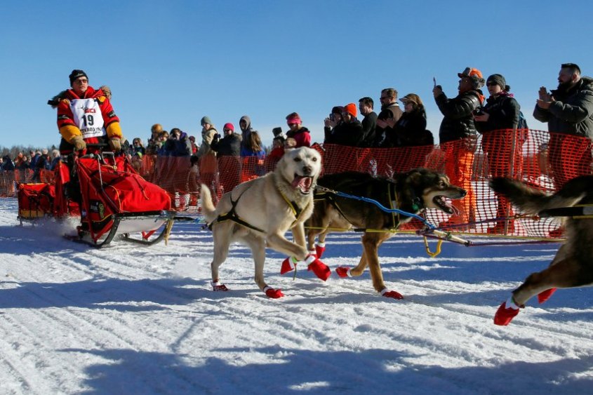 FILE PHOTO: Mitch Seavey's team leaves the start chute at the restart of the Iditarod Trail Sled Dog Race in Willow, Alask