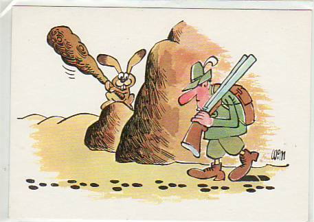 Hase mit Stock gegen Jäger