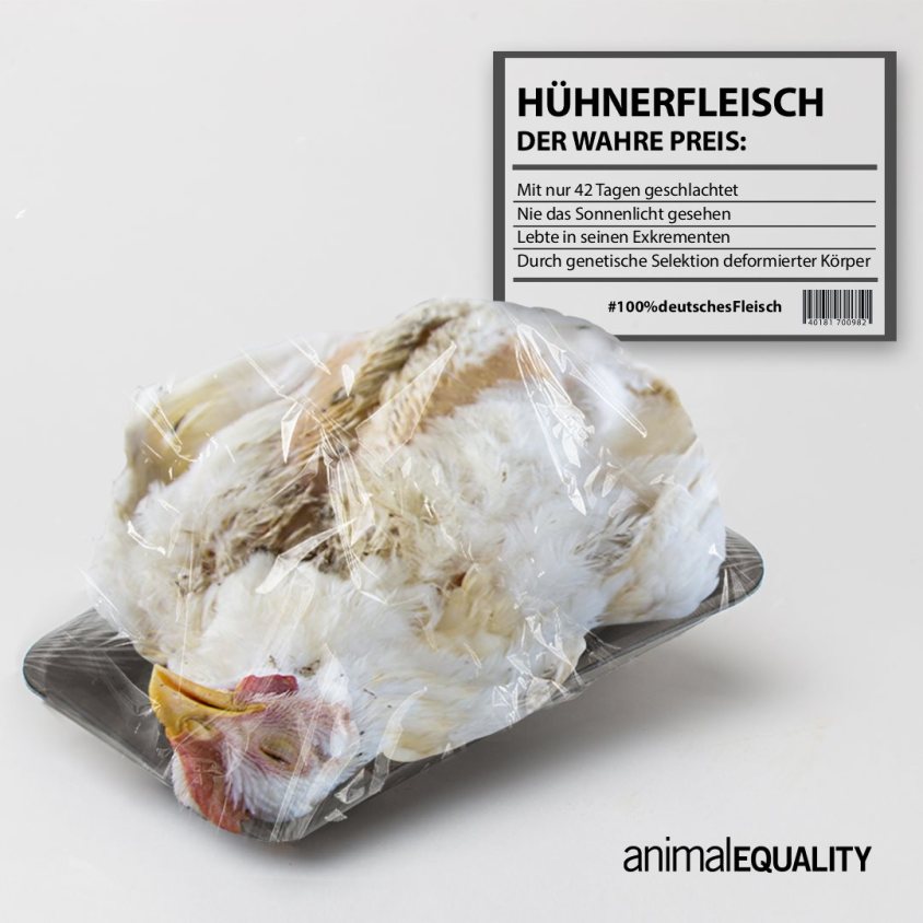 animal equality Huhn verpackt und slogan_o